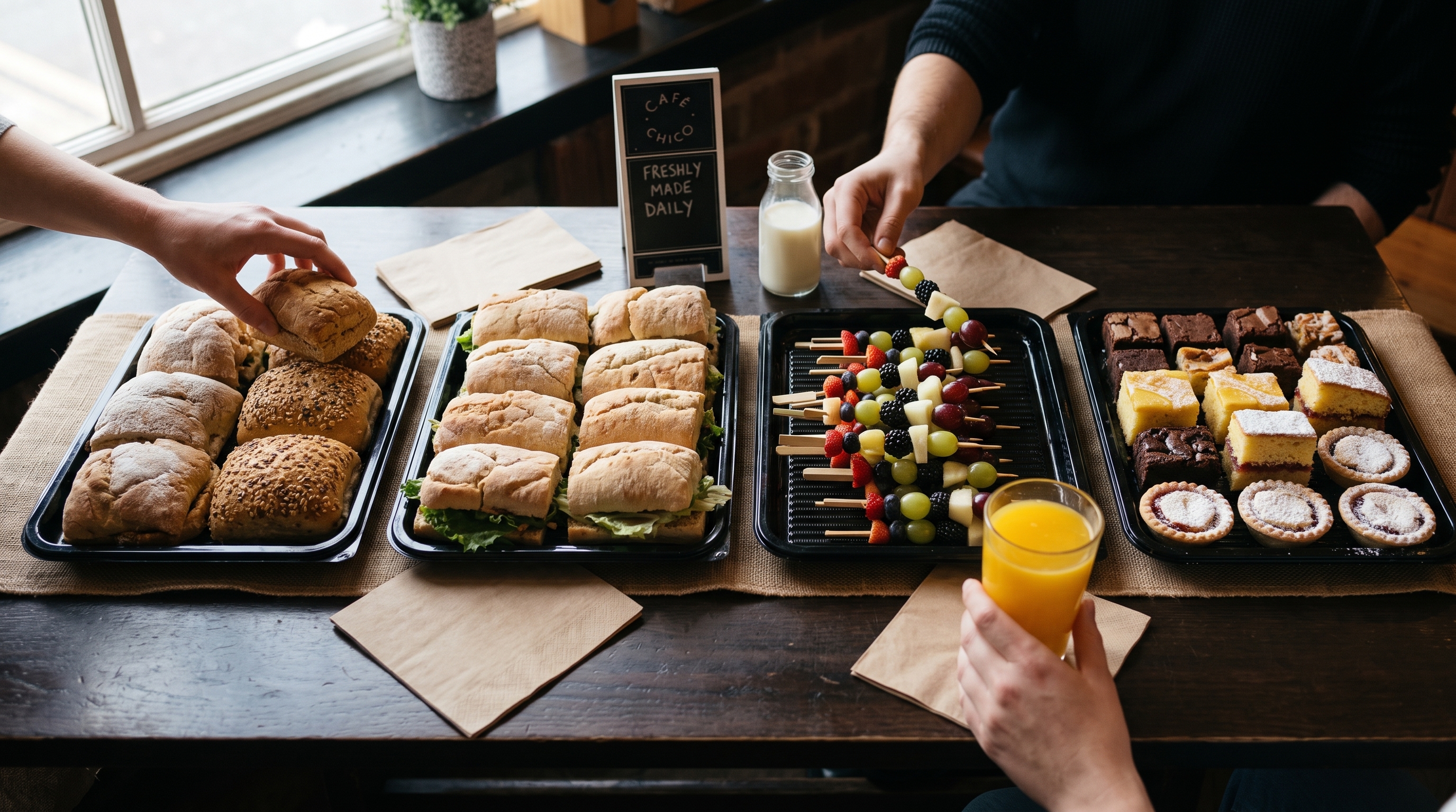 Café Chico platter spread — bread loaves, ciabatta sandwich rolls, fruit skewers, mini dessert squares on black trays across a wooden table