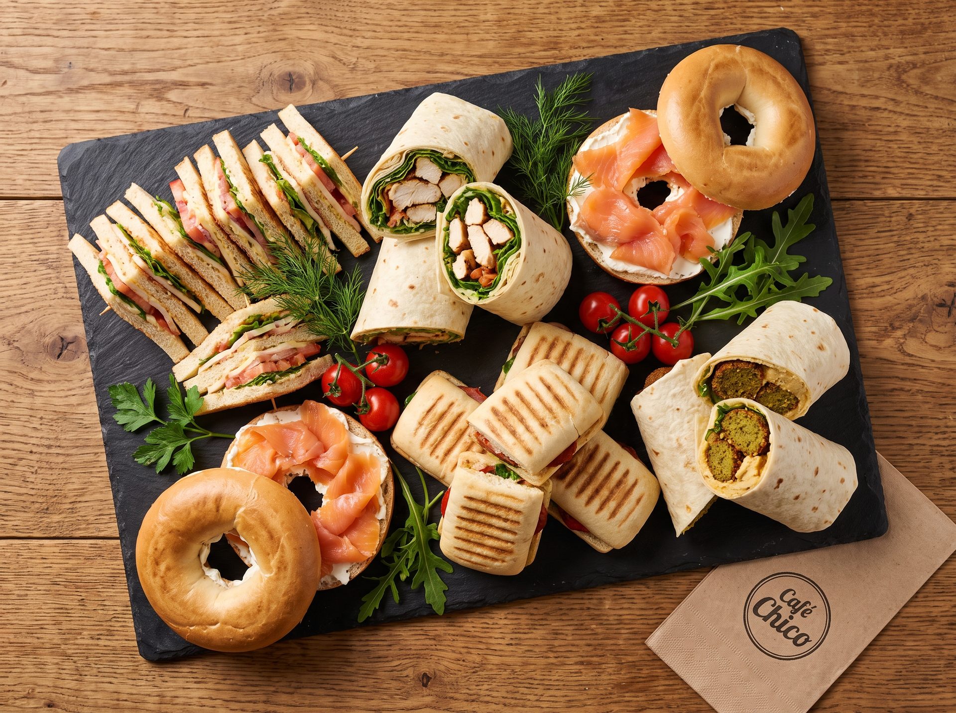 Sandwich & wrap platter on black slate — sandwich triangles, chicken wraps, salmon & cream cheese bagels, falafel wraps, mini paninis, with arugula and cherry tomatoes