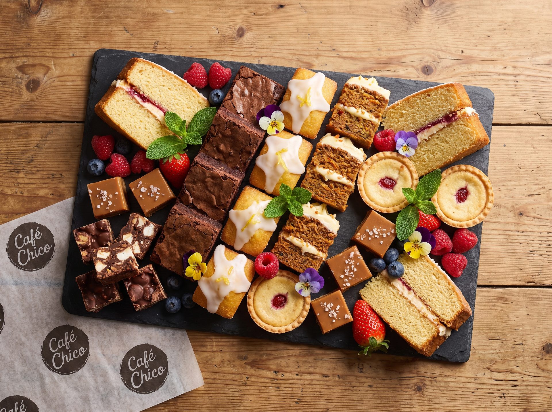 12 desserts platter — cake and custard slices and mini cheesecakes