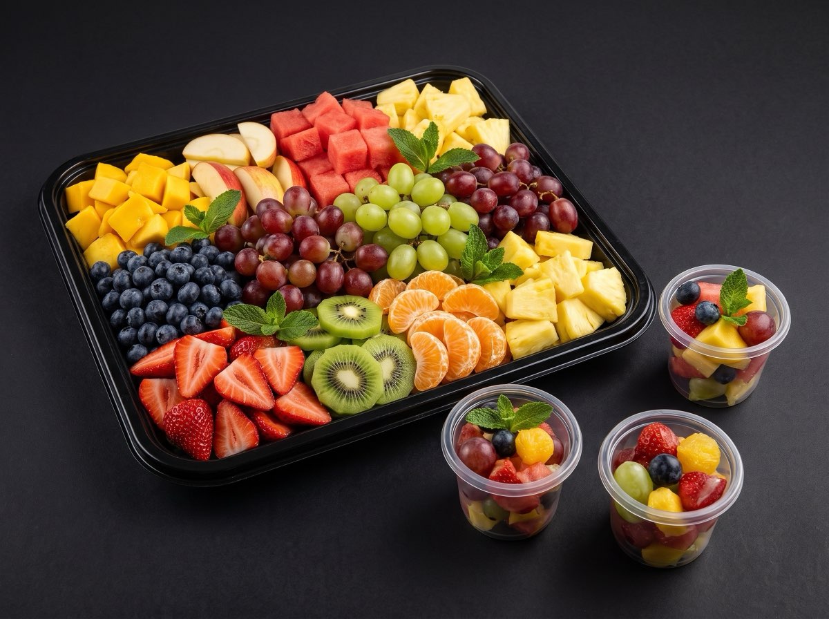 Mixed fruit platter — melon, pineapple, kiwi, grapes, strawberries and berries with individual fruit pots